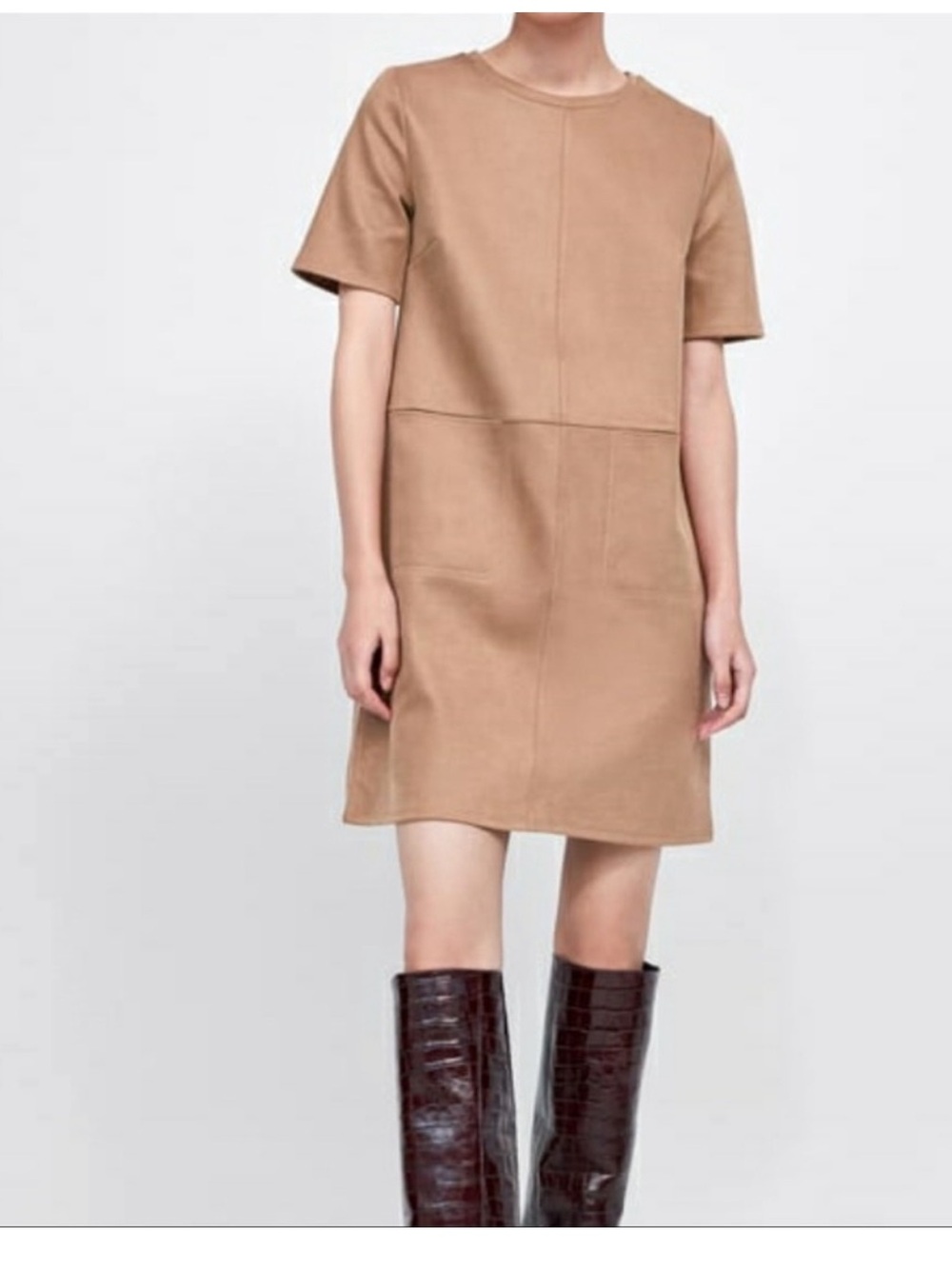 Zara Camel Short-Sleeve Shift Dress
